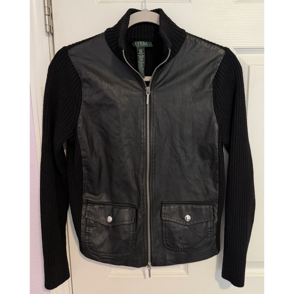 VTG Lauren Ralph Lauren Motorcycle Jacket PM Leather/Merino Wool Black Y2K Biker